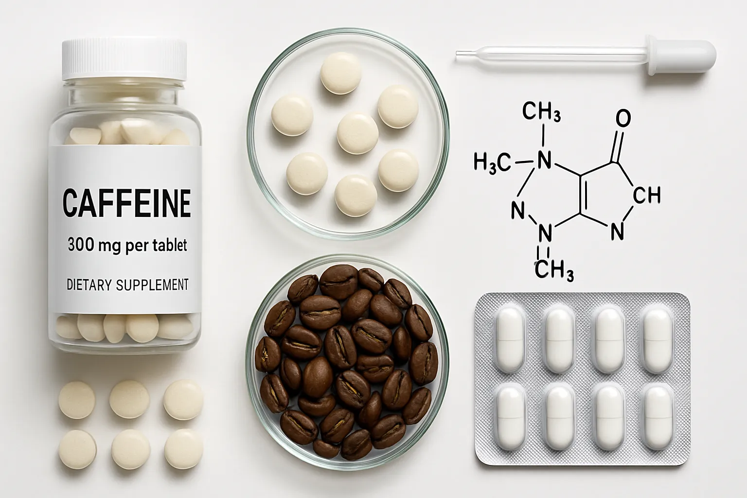 Apresentação científica de diferentes fontes de cafeína incluindo suplementos, café e produtos para otimização de performance