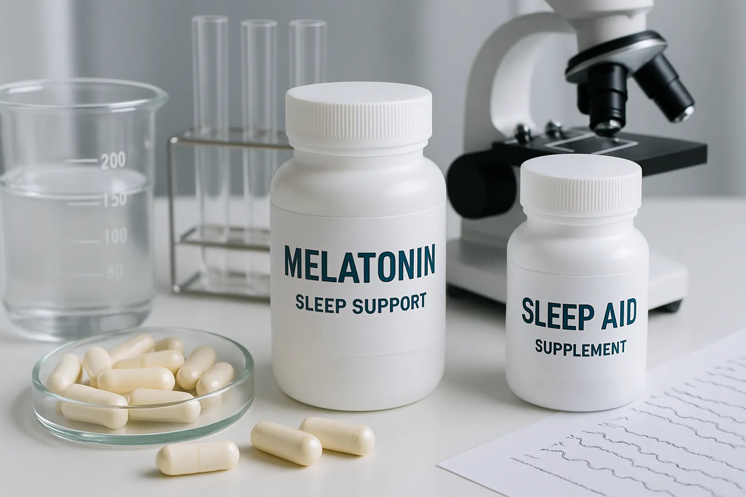 Suplementos e Elementos Científicos do Sono Suplementos de melatonina e magnésio para otimização do sono, apresentados de forma científica com elementos técnicos da medicina do sono