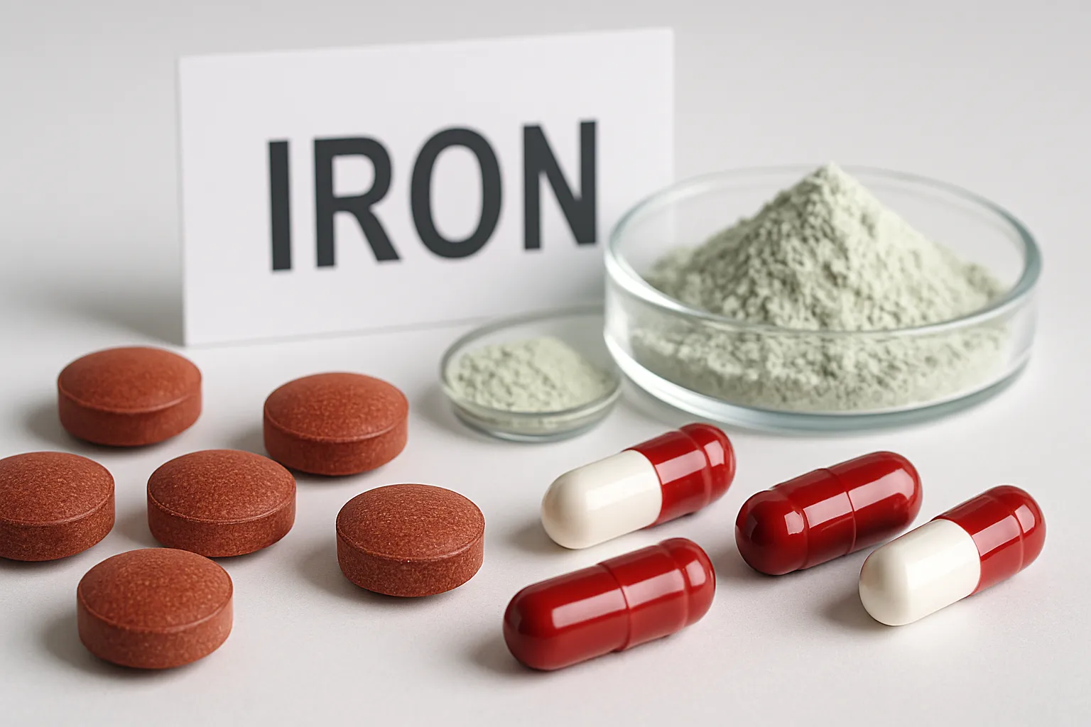 Suplementos de Ferro e Elementos Científicos Suplementos de ferro em cápsulas e comprimidos, produtos farmacêuticos para tratamento de anemia ferropriva em apresentação científica