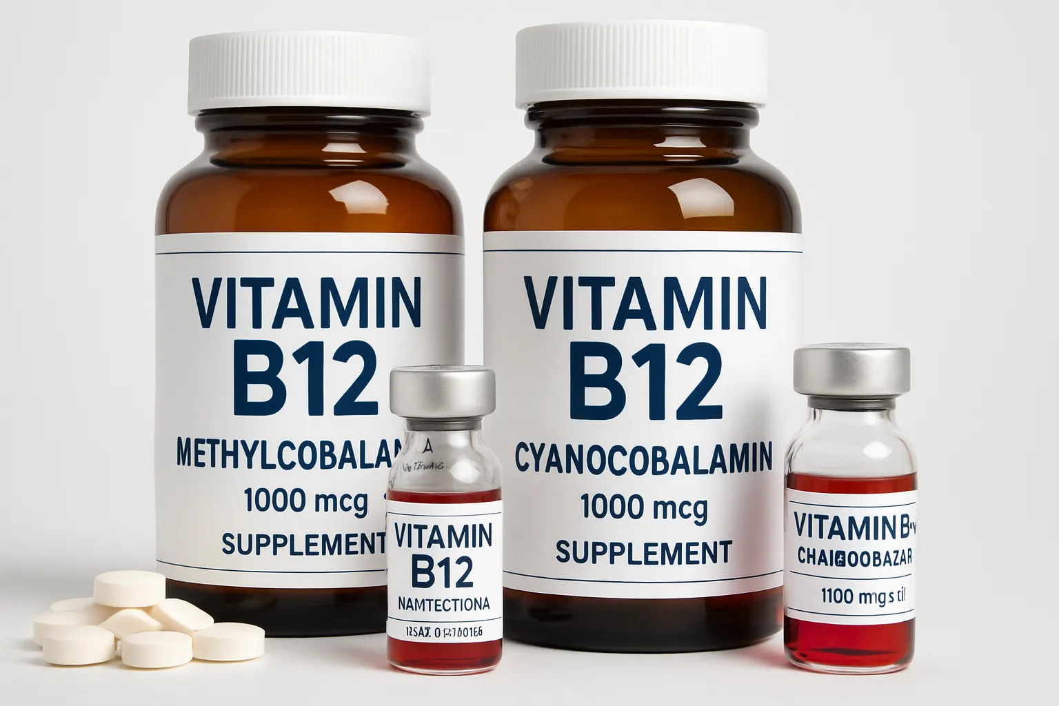 Diferentes formas de suplementação de vitamina B12 incluindo comprimidos, injeções e formas sublinguais