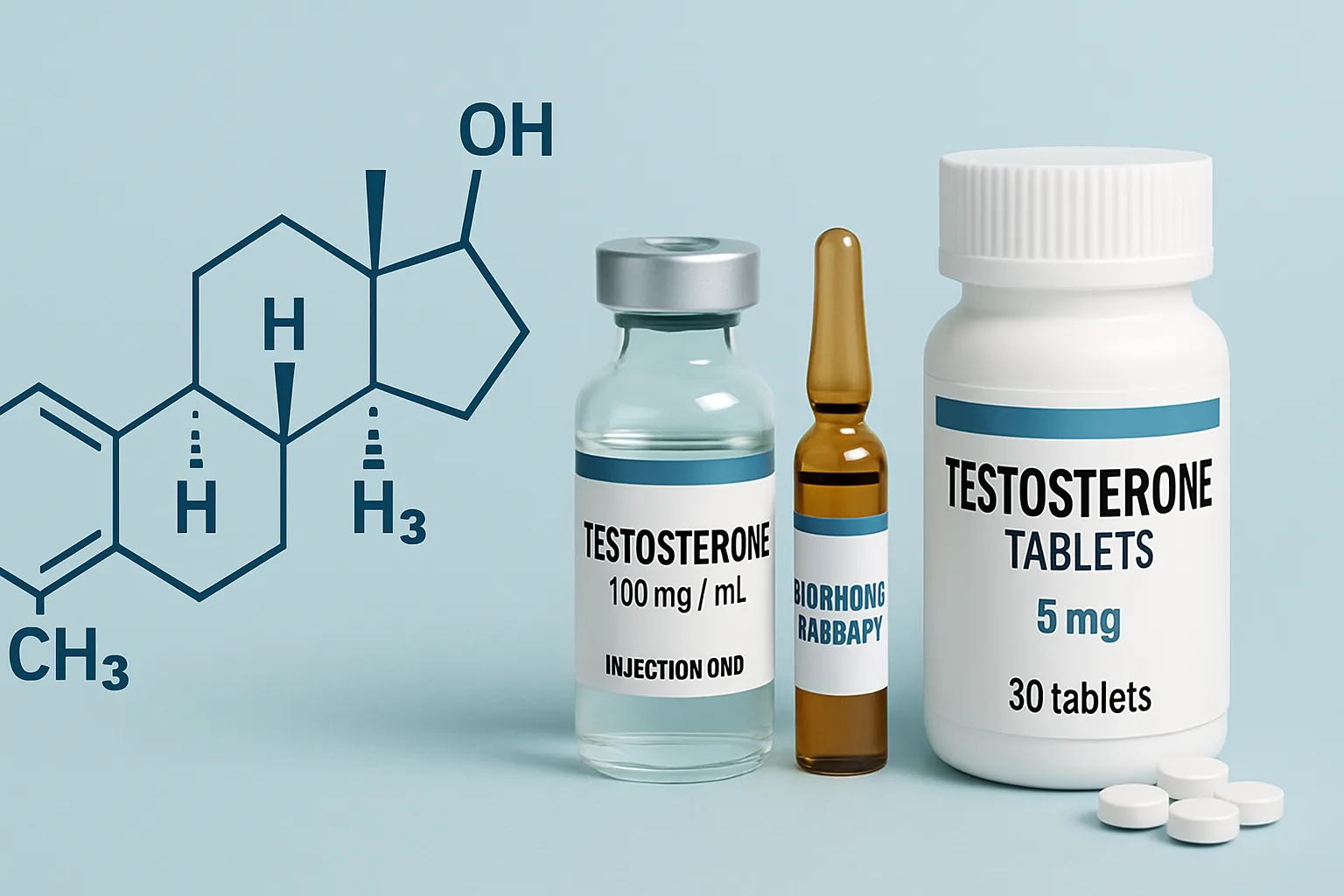 Estrutura molecular da testosterona e medicamentos para reposição hormonal feminina