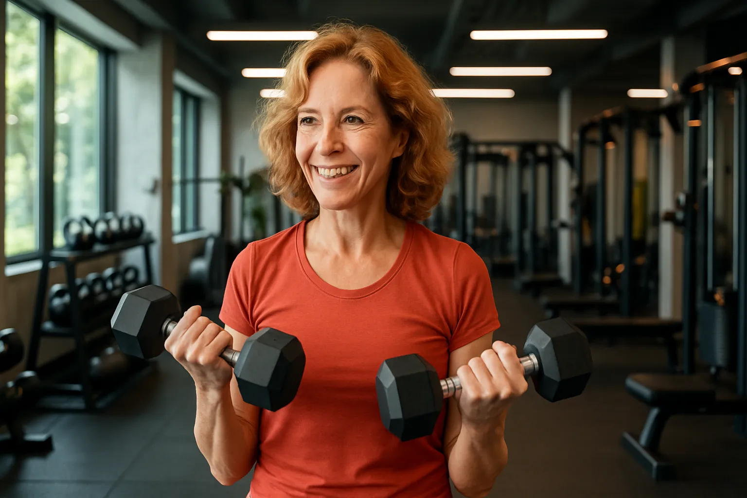 Mulher energizada praticando exercícios de força em academia moderna, representando vida saudável com hormônios equilibrados