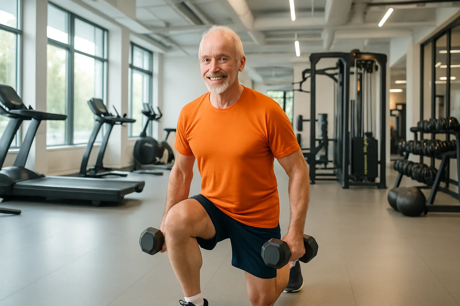 Vida Renovada com Energia e Vitalidade Pessoa madura praticando exercícios em academia moderna, demonstrando vitalidade renovada com DHEA