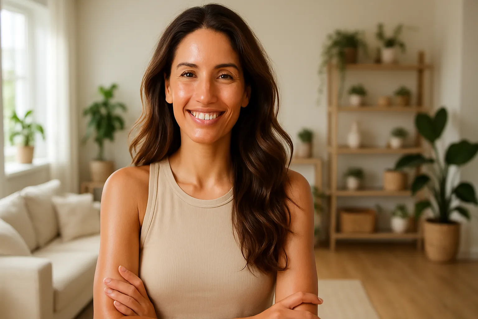 Vida Renovada com PRP – Confiança e Bem-estar Natural Mulher confiante com pele radiante e cabelos saudáveis em ambiente de bem-estar, representando os resultados do PRP