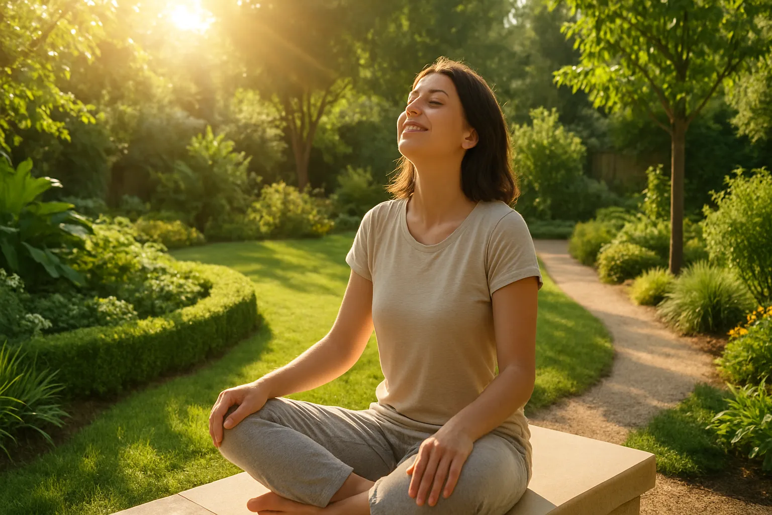 Vida Saudável ao Sol Pessoa aproveitando o sol matinal em jardim como parte de rotina saudável para vitamina D