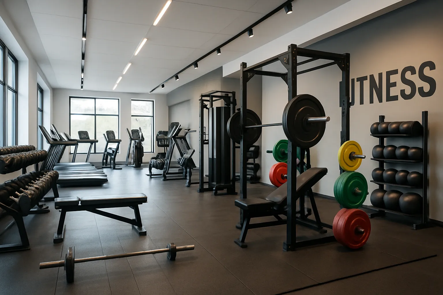 Academia Moderna para Treino Periodizado Interior de academia moderna com equipamentos variados para diferentes fases da periodização