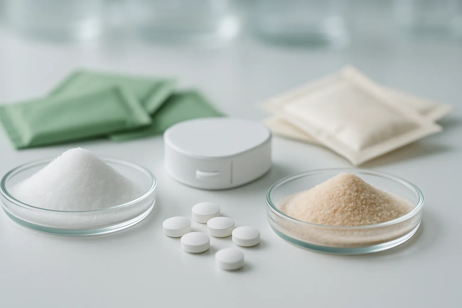 Diferentes tipos de adoçantes e edulcorantes dispostos cientificamente com foco em stevia, aspartame e sucralose