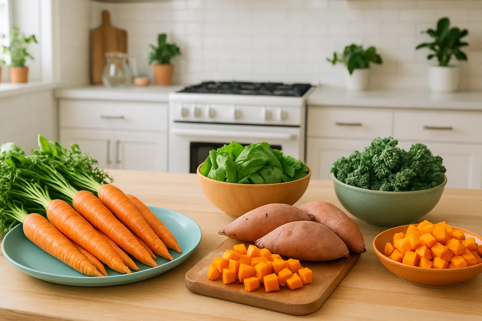 Cozinha moderna com alimentos ricos em vitamina A como cenouras, batata-doce e vegetais folhosos