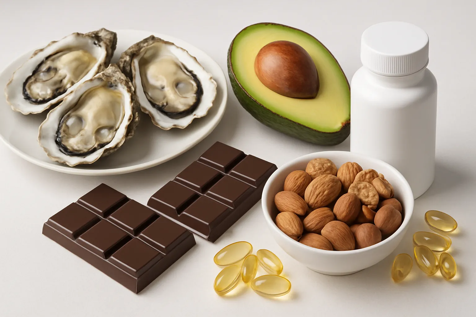 Composição científica de alimentos ricos em zinco, magnésio e nutrientes que intensificam o prazer sexual