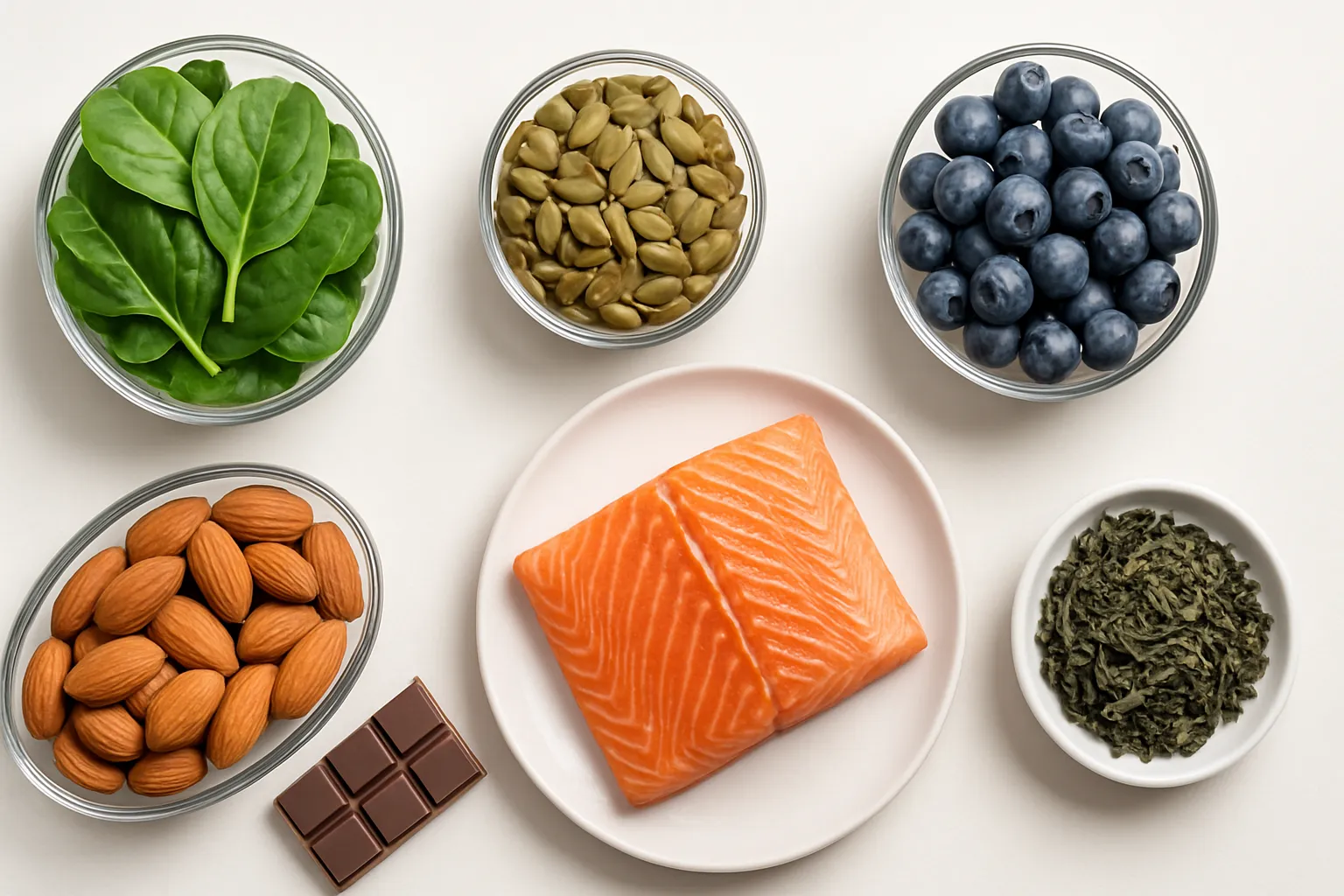 Alimentos Anti-Ansiedade em Composição Científica Composição organizada de alimentos ricos em magnésio, ômega-3 e antioxidantes: espinafre, sementes de abóbora, salmão, mirtilos e castanhas dispostos cientificamente