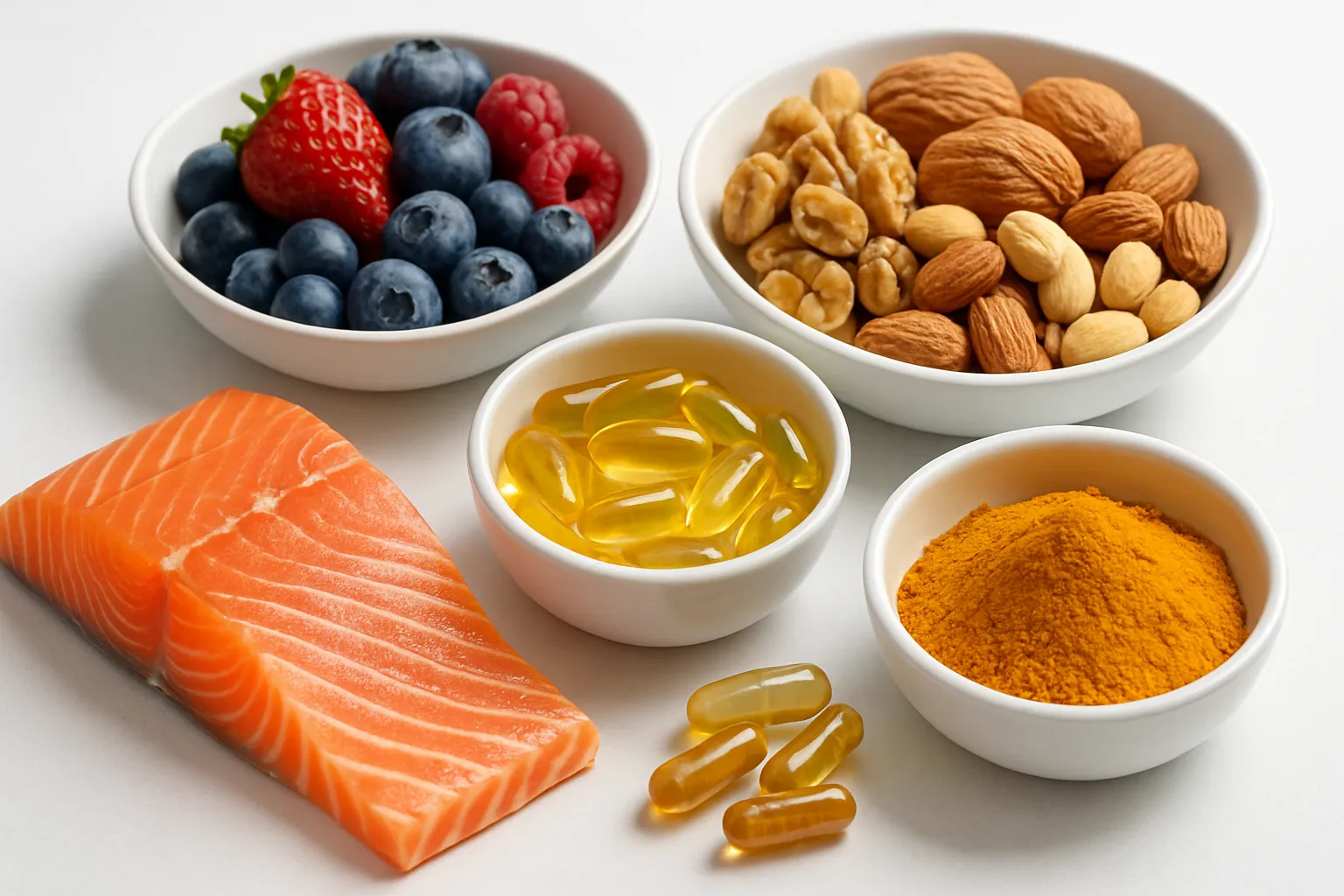 Alimentos Anti-Inflamatórios e Suplementos Funcionais Composição científica com alimentos ricos em ômega-3, antioxidantes, cúrcuma, frutas vermelhas e suplementos naturais organizados profissionalmente