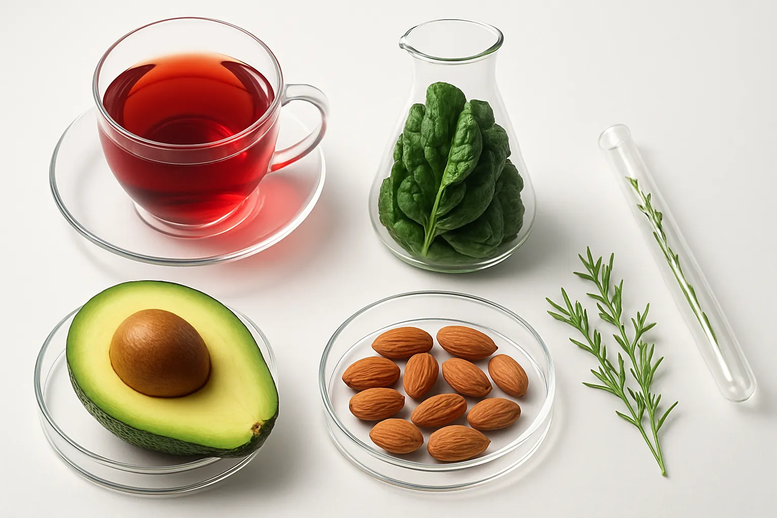 Composição científica com chá de hibisco, abacate, folhas verdes e castanhas, destacando alimentos ricos em potássio e magnésio