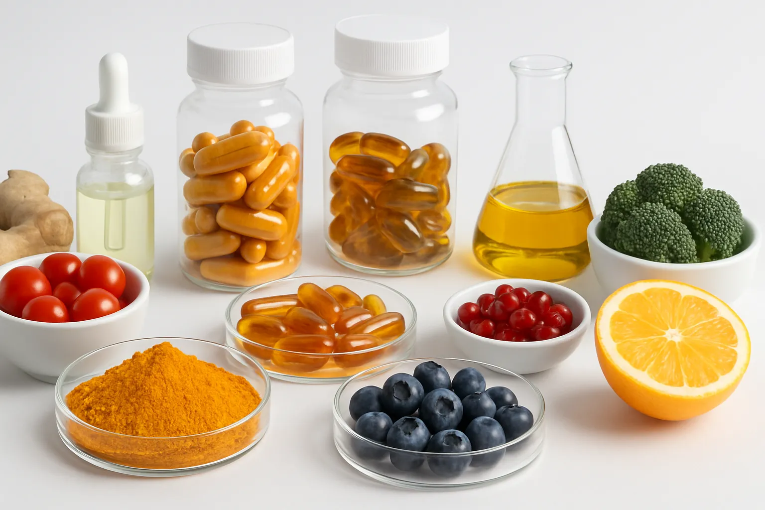 Alimentos Antiinflamatórios e Suplementação Científica Composição científica de alimentos antiinflamatórios, suplementos naturais e elementos nutricionais organizados de forma técnica e profissional
