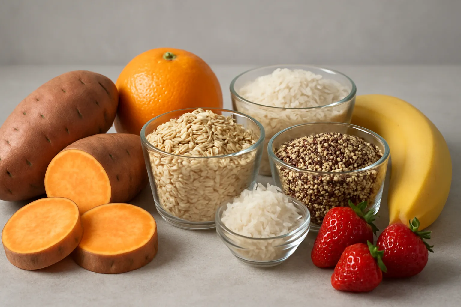 Alimentos Estratégicos para Carb Cycling Arranjo científico de alimentos ricos em carboidratos organizados para estratégia de carb cycling