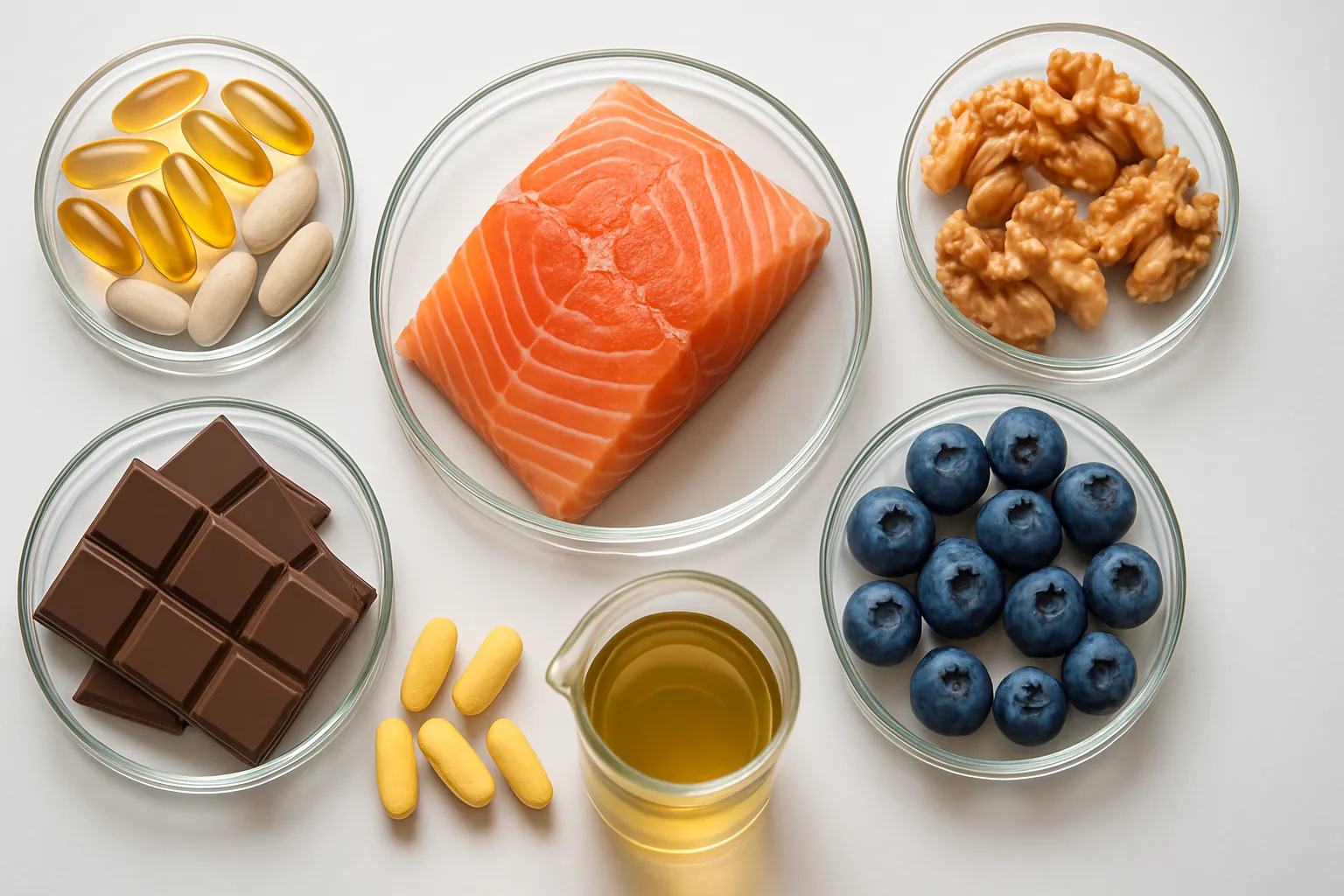 Alimentos e Suplementos Cientificamente Comprovados para Foco Mental Arranjo científico de alimentos e suplementos para o cérebro incluindo cápsulas de ômega-3, magnésio, vitaminas do complexo B, salmão, nozes e mirtilos