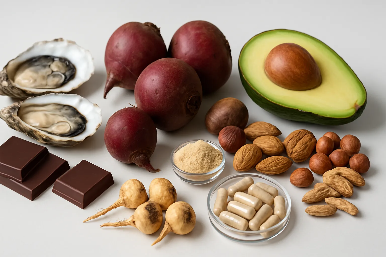 Arranjo científico com ostras, chocolate amargo, beterraba, abacate, castanhas e suplementos naturais como maca peruana e ashwagandha