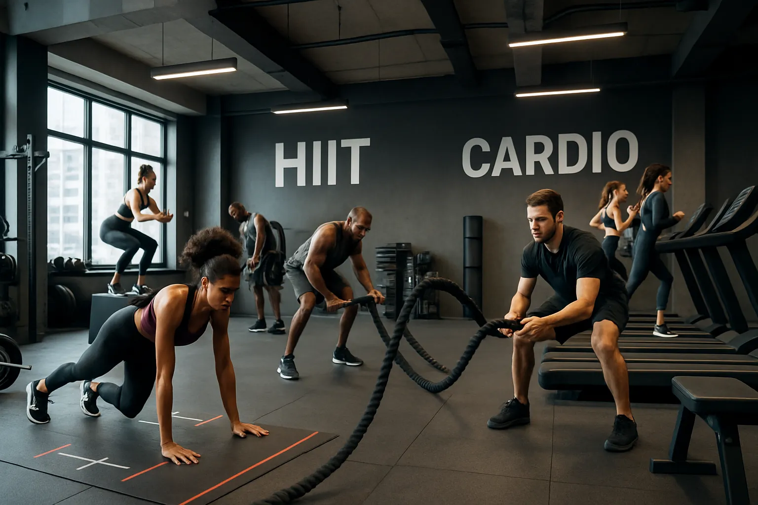 Ambiente de Academia Moderna Para Treinos Variados Espaço de academia contemporânea com áreas para treino HIIT e cardiovascular contínuo, ambiente motivacional