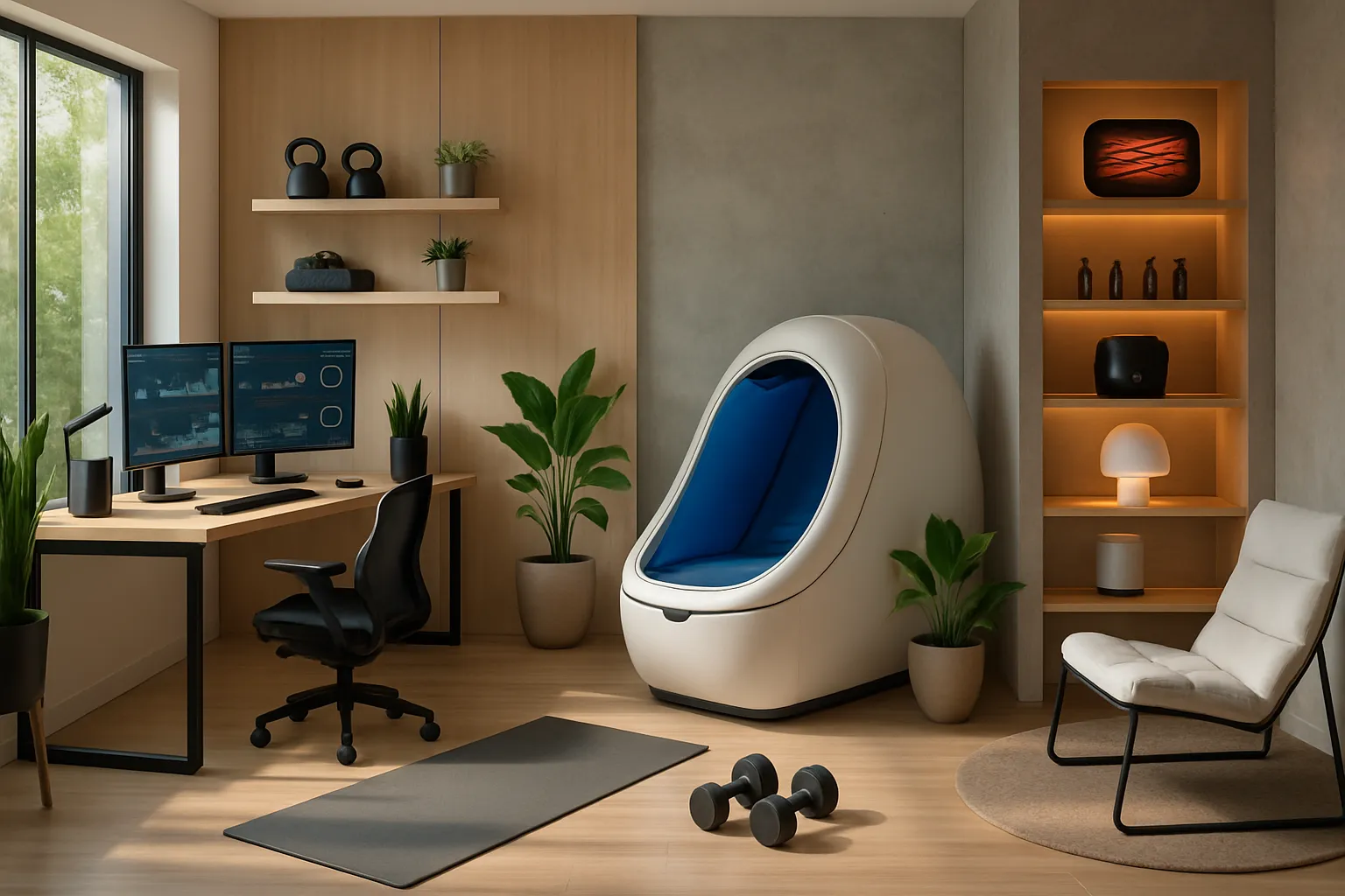 Espaço moderno e organizado otimizado para alta performance, combinando tecnologia, wellness e produtividade