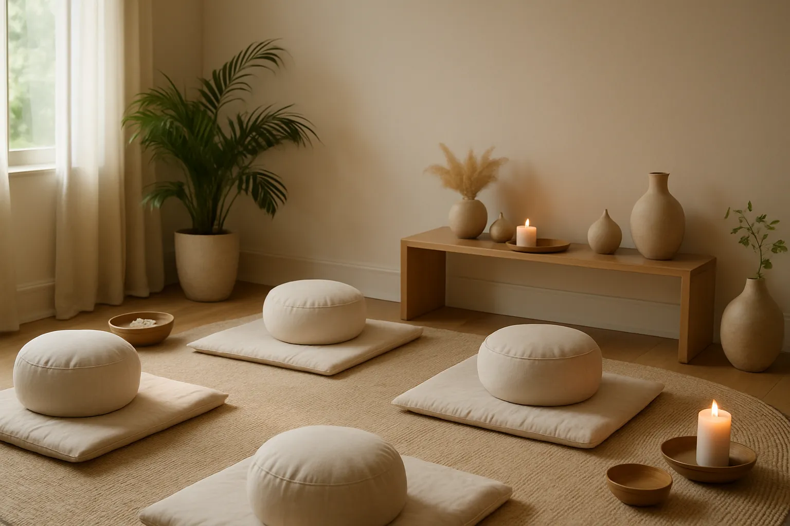 Espaço zen organizado para meditação e relaxamento, promovendo equilíbrio hormonal e saúde mental feminina
