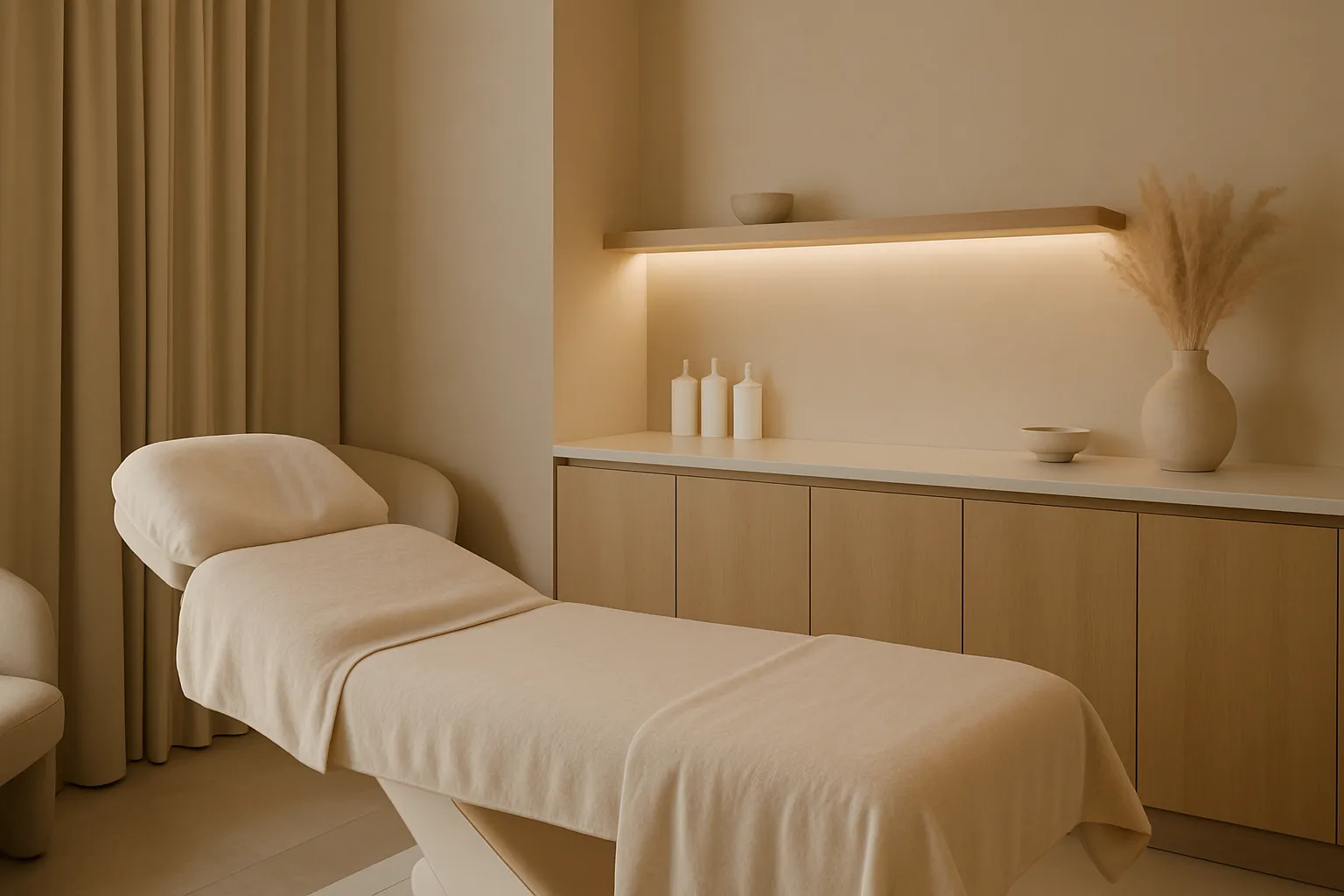 Ambiente tranquilo e sofisticado de clínica estética, criando atmosfera de bem-estar e rejuvenescimento