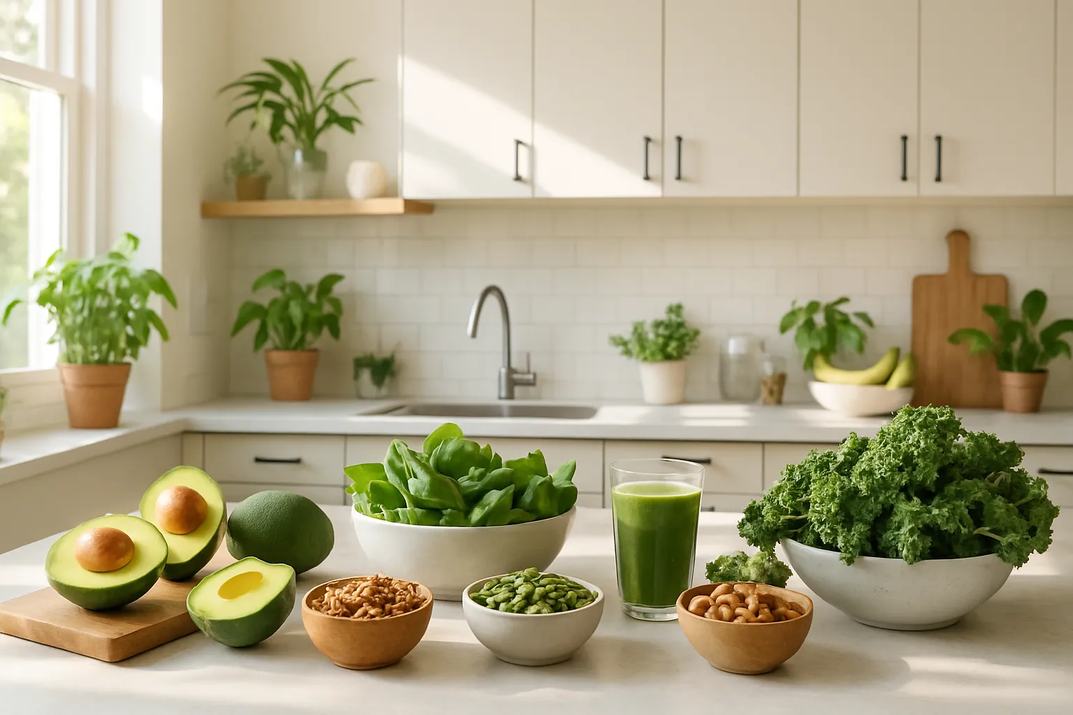 Cozinha moderna organizada com alimentos energéticos frescos, ambiente de preparação de refeições saudáveis para combater fadiga