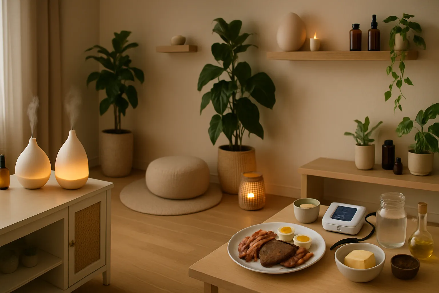 Espaço sereno de bem-estar feminino com elementos de aromaterapia e ambiente de cura para endometriose