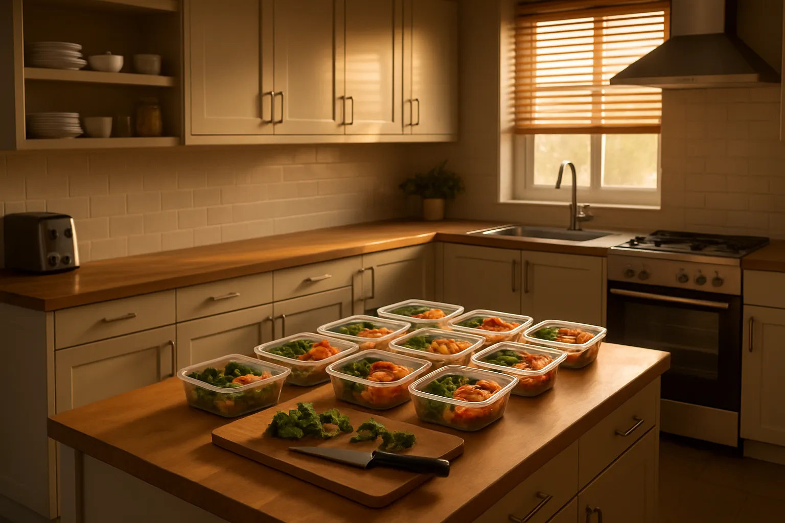 Ambiente Ideal para Prática da Crononutrição Cozinha organizada com estação de preparo de refeições, criando ambiente propício para seguir horários alimentares