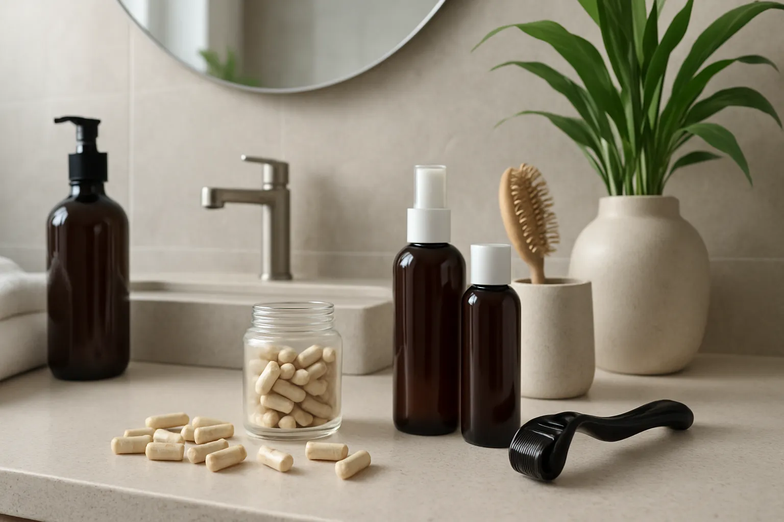 Ambiente wellness moderno com suplementos organizados, espelho de banheiro premium e produtos de cuidado capilar em rotina matinal saudável