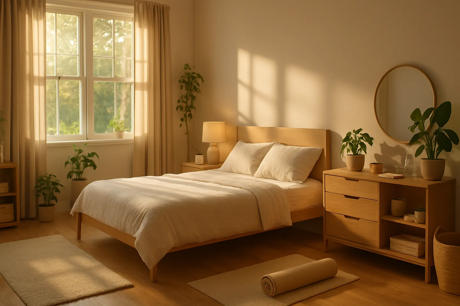 Quarto moderno com luz natural abundante, ambiente organizado para promover sono reparador e despertar natural