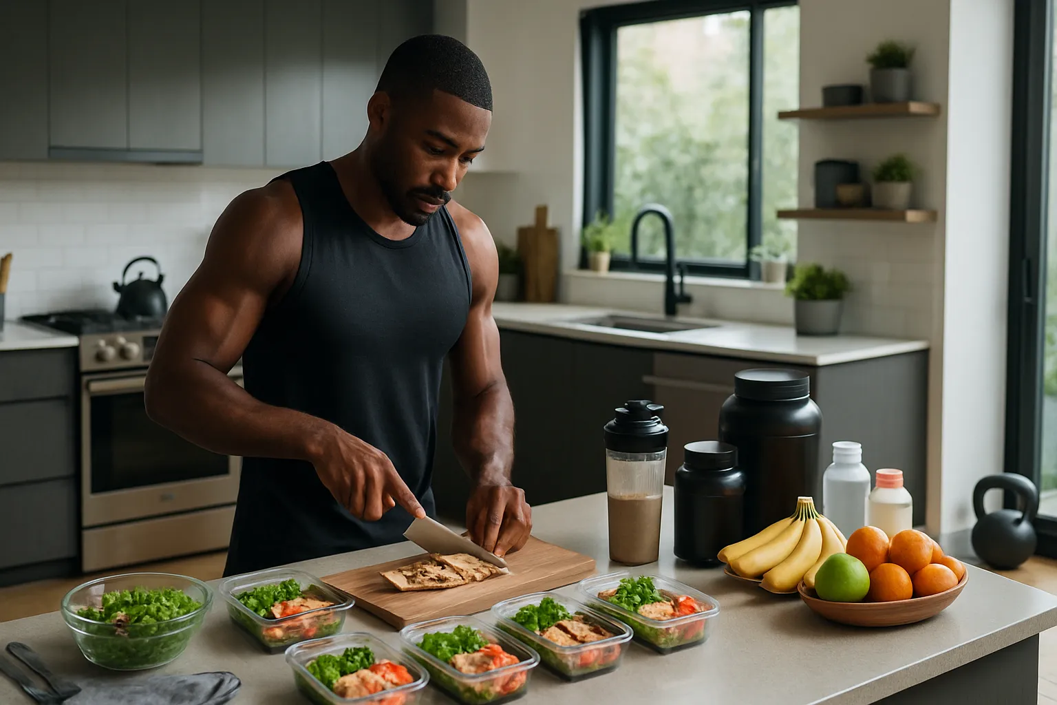 Cozinha moderna de atleta com estação de preparo de refeições e setup de nutrição esportiva, ambiente inspiracional para lifestyle atlético