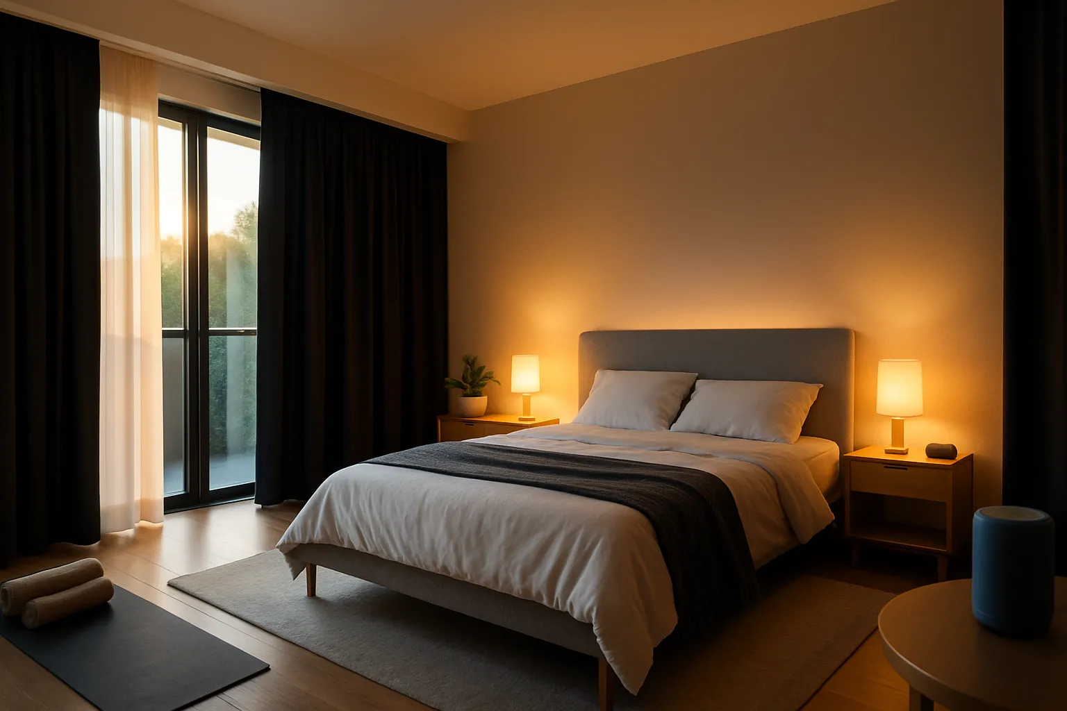 Ambiente Otimizado para Performance Circadiana Quarto moderno com controle de luz natural e artificial, preparado para otimização do ritmo circadiano