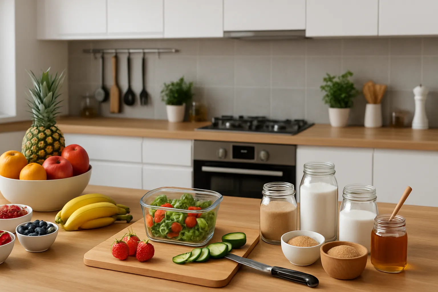 Cozinha organizada com frutas naturais, ingredientes saudáveis e ambiente de preparação de refeições equilibradas