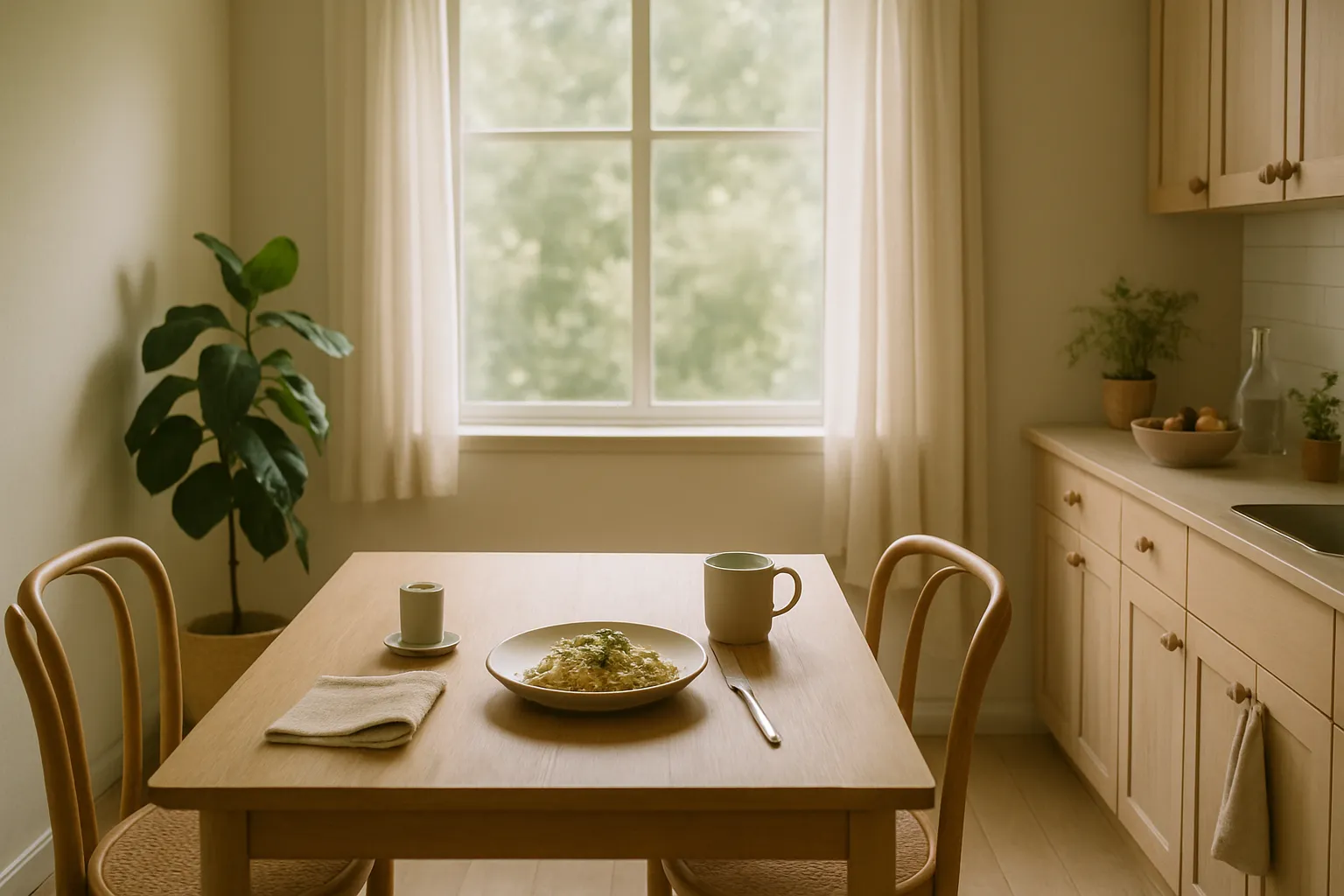 Ambiente doméstico tranquilo preparado para a prática de refeições conscientes e mindful eating
