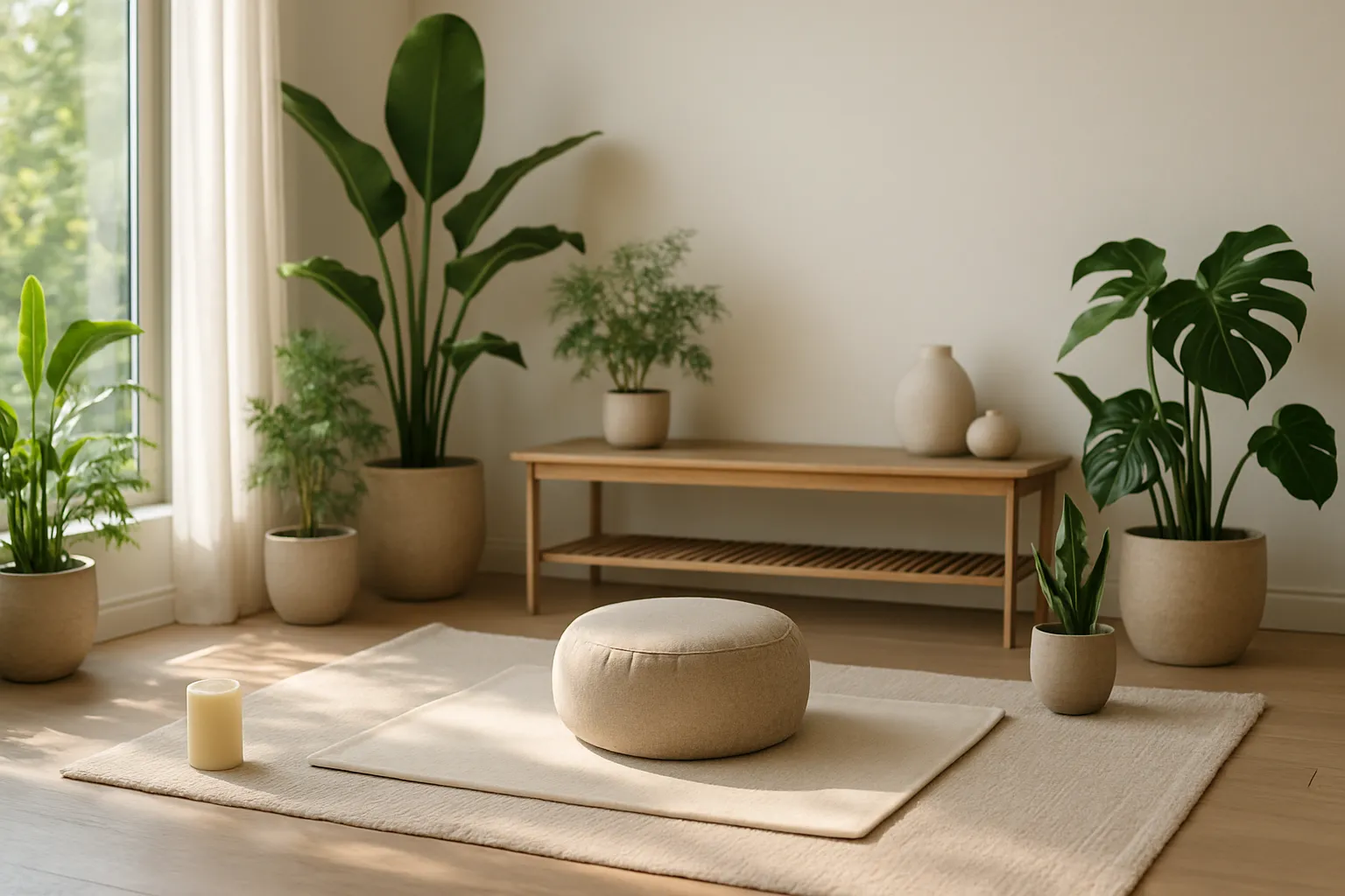 Espaço de vida organizado e tranquilo com elementos que promovem relaxamento e redução natural do estresse