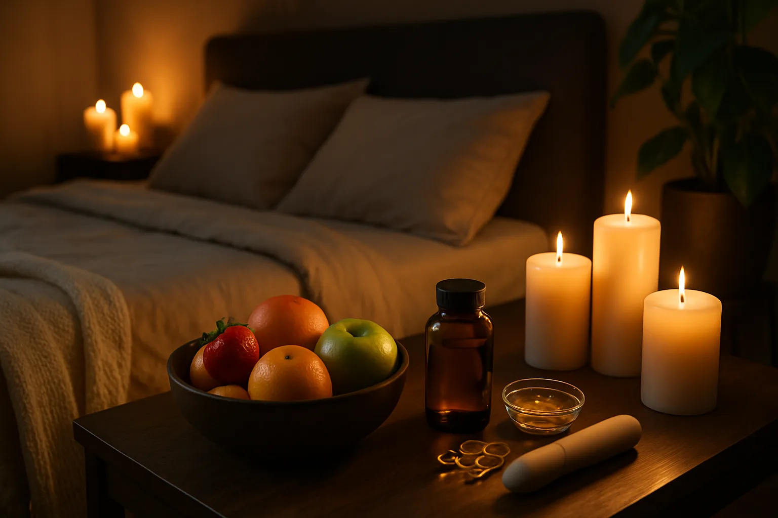 Quarto romântico com elementos de bem-estar, representando o estilo de vida que potencializa o prazer sexual