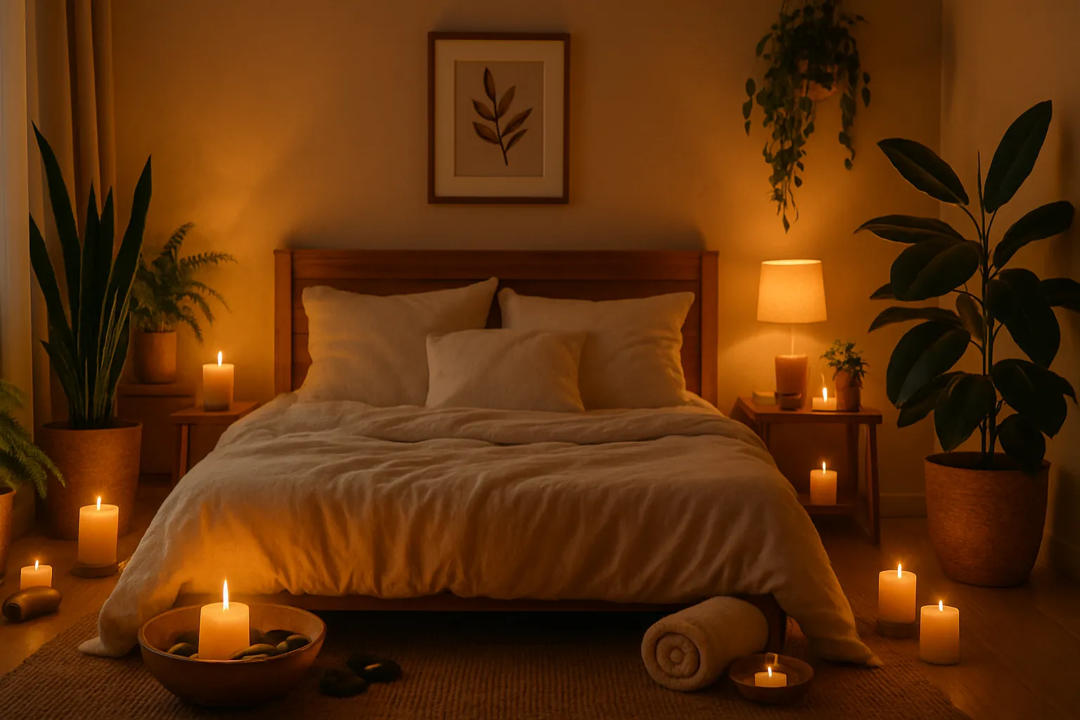 Quarto romântico com decoração zen, velas aromáticas, plantas, ambiente acolhedor preparado para momentos íntimos e relaxantes