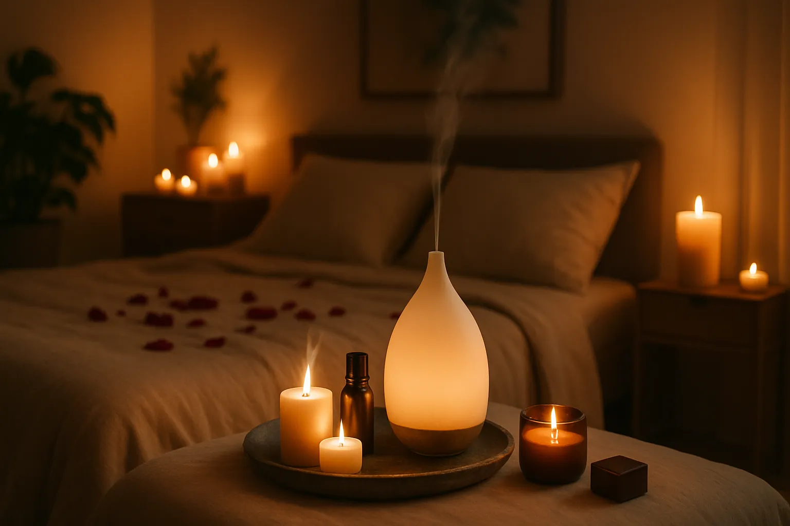 Quarto elegante com iluminação suave, velas aromáticas e elementos de bem-estar, criando atmosfera propícia para intimidade saudável