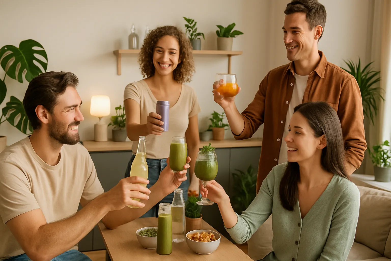 Ambiente social moderno com opções saudáveis, mostrando alternativas conscientes para socialização sem comprometer objetivos de emagrecimento