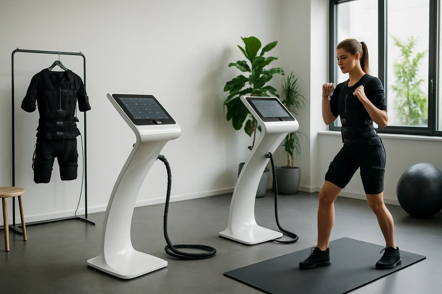 Ambiente de Treino EMS – Estúdio de Fitness Moderno Estúdio de fitness moderno equipado para treinamento EMS, ambiente profissional e tecnológico para alta performance