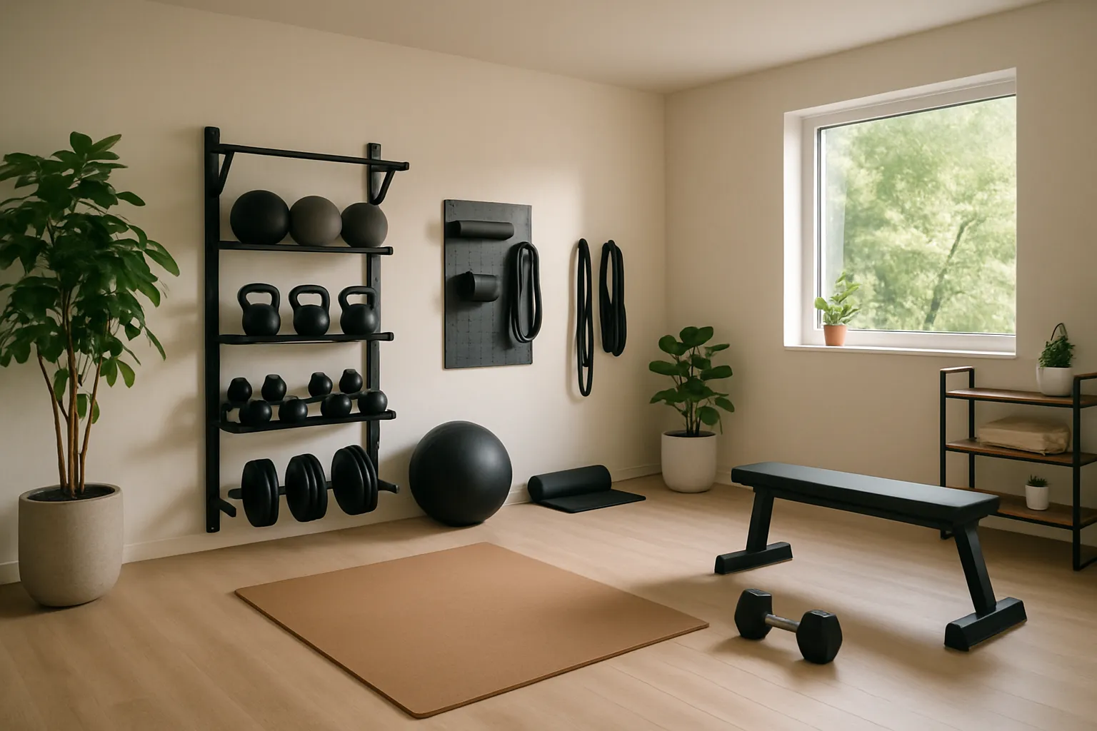 Ambiente de Vida Ativa e Funcional Espaço de treino em casa moderno e organizado, mostrando ambiente preparado para exercícios funcionais