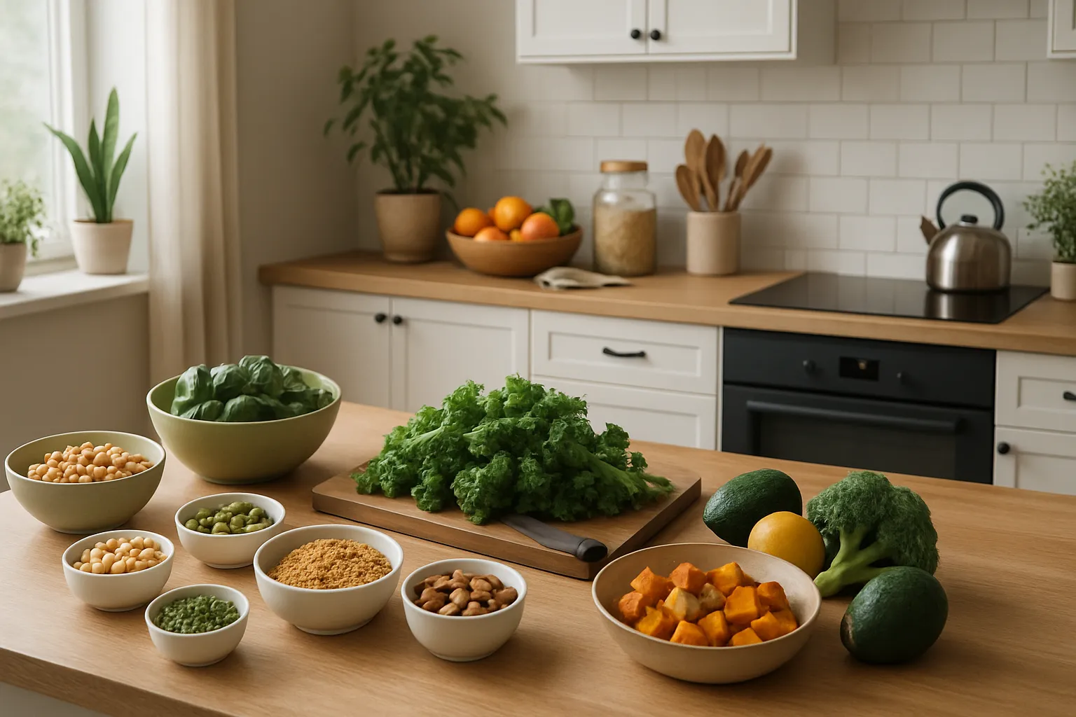 Ambiente de Vida Equilibrada e Nutrição Consciente Cozinha moderna e organizada com ingredientes frescos, ambiente sereno que promove alimentação consciente e redução natural da ansiedade