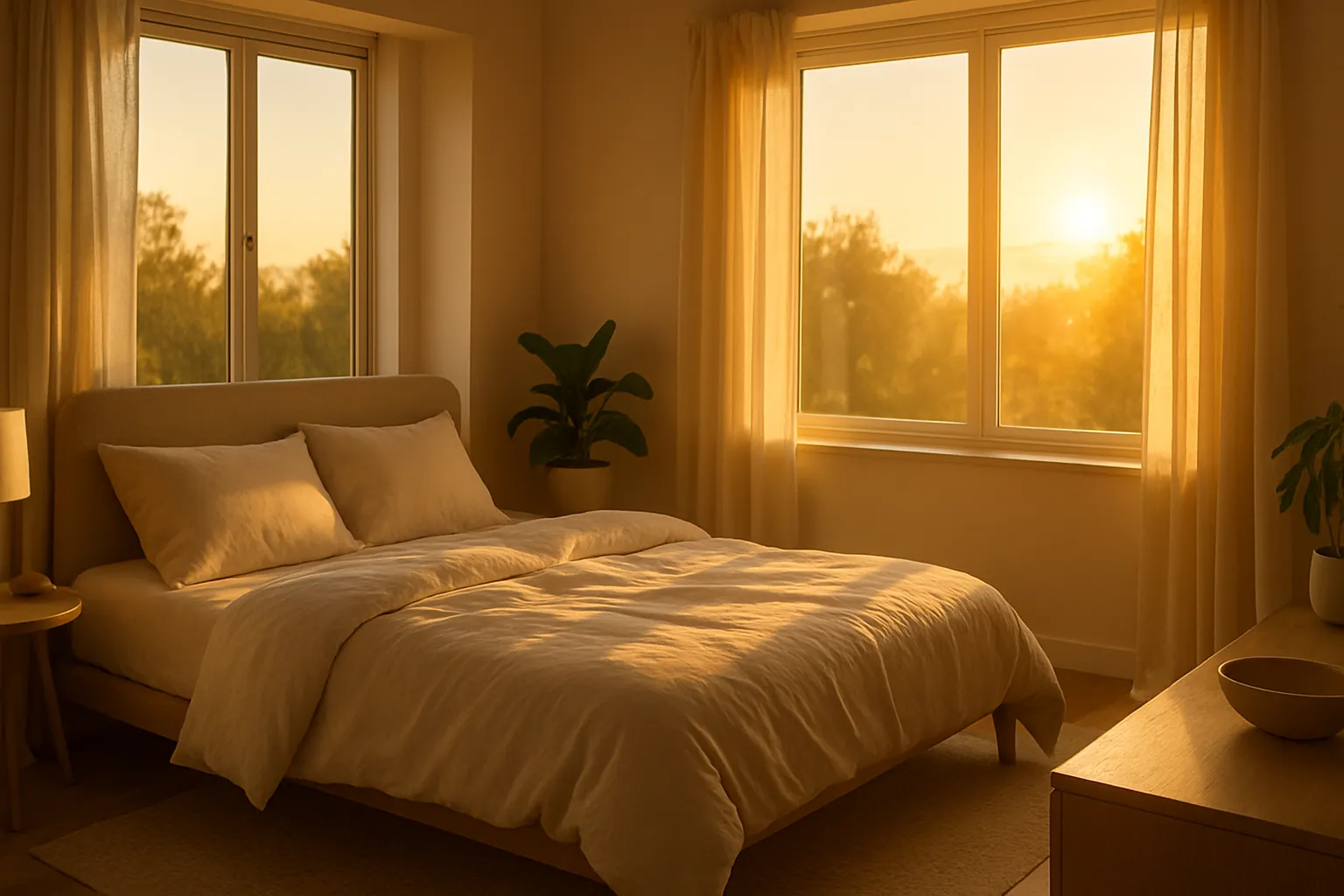 Quarto sereno com iluminação natural matinal, espaço organizado para sono reparador e despertar energético, ambiente que promove sincronização hormonal