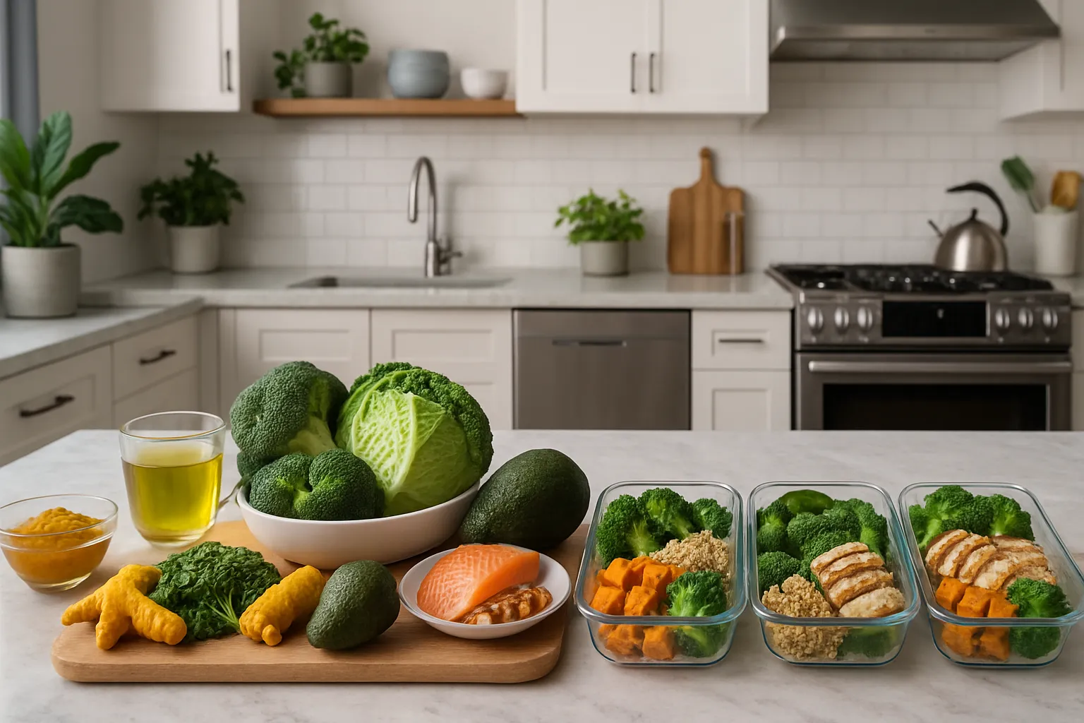 Ambiente de Vida Saudável e Rotina Anti-inflamatória Cozinha moderna organizada com ingredientes anti-inflamatórios, espaço de bem-estar preparado para rotina saudável