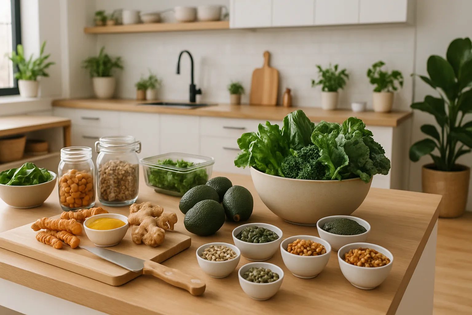 Ambiente de Vida Saudável Anti-inflamatório Cozinha moderna organizada com ingredientes anti-inflamatórios frescos, ambiente de preparação de refeições saudáveis para fibromialgia