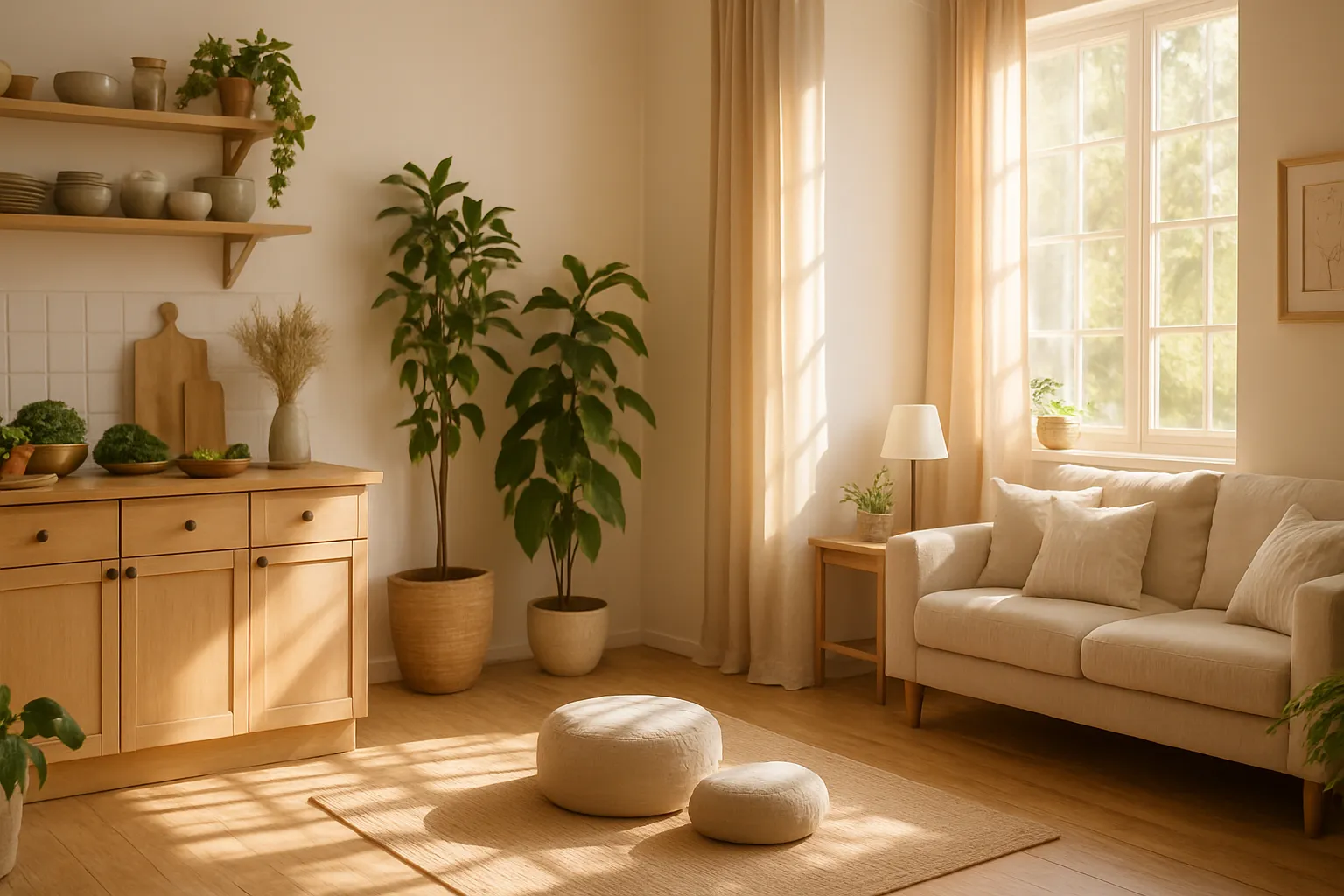 Espaço de vida organizado com elementos que promovem saúde mental: área de meditação, alimentos nutritivos e ambiente de bem-estar