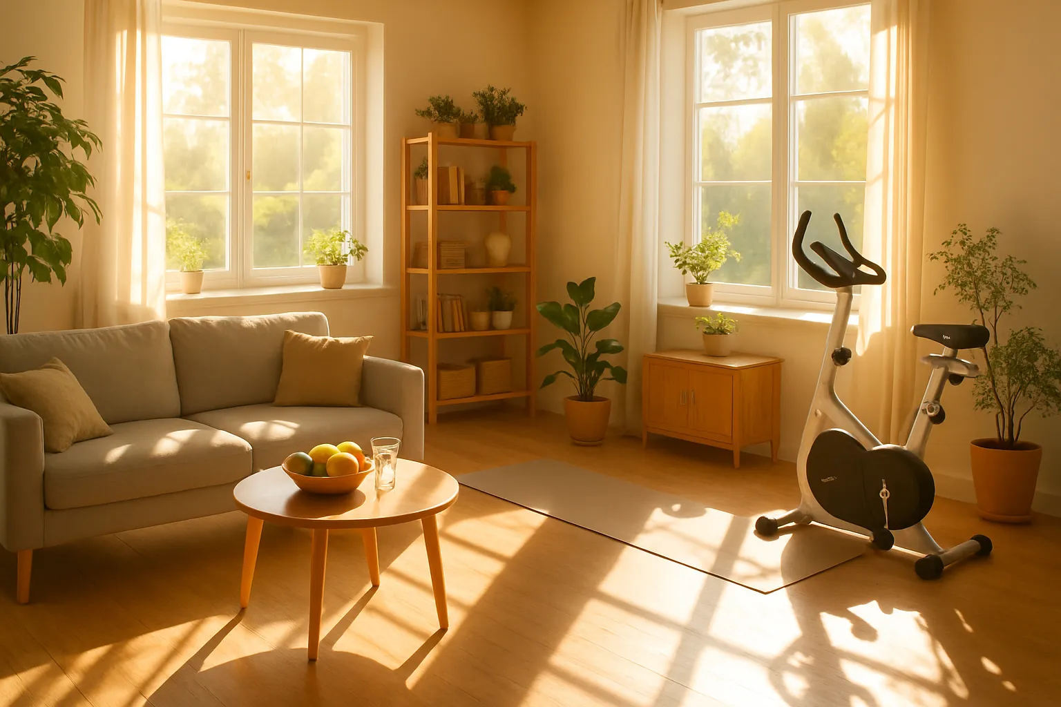 Ambiente doméstico banhado por luz solar natural com elementos de vida saudável e longevidade