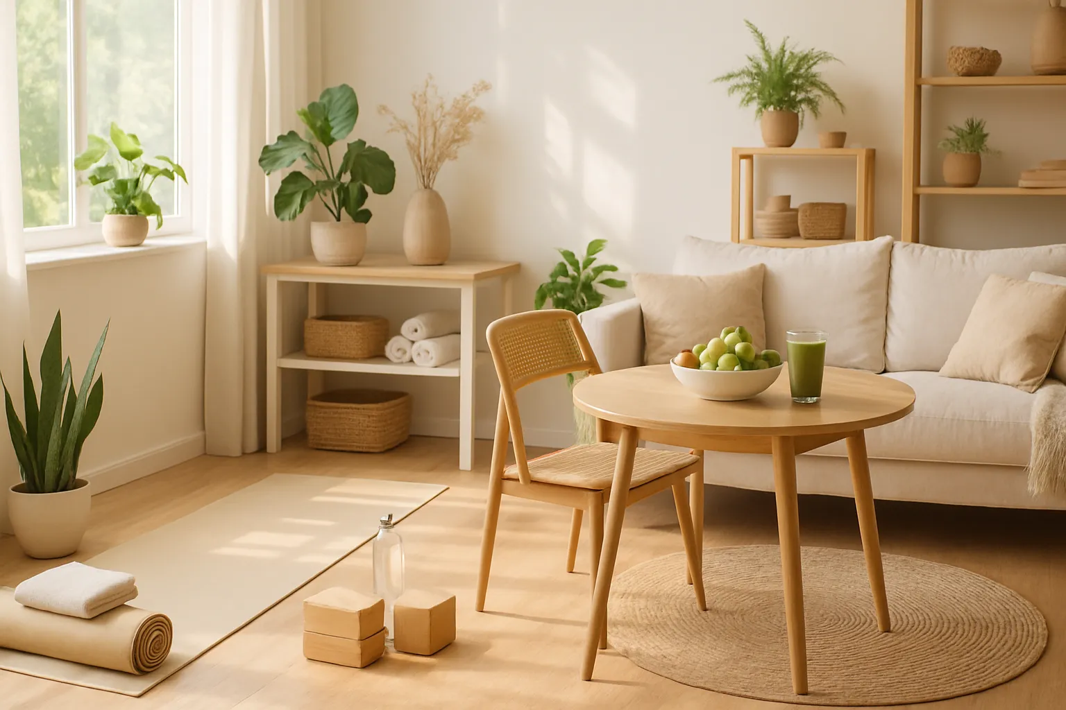 Ambiente de Vida Saudável Pós-Recuperação Covid Espaço de vida organizado e energizante que reflete recuperação completa da saúde pós-Covid