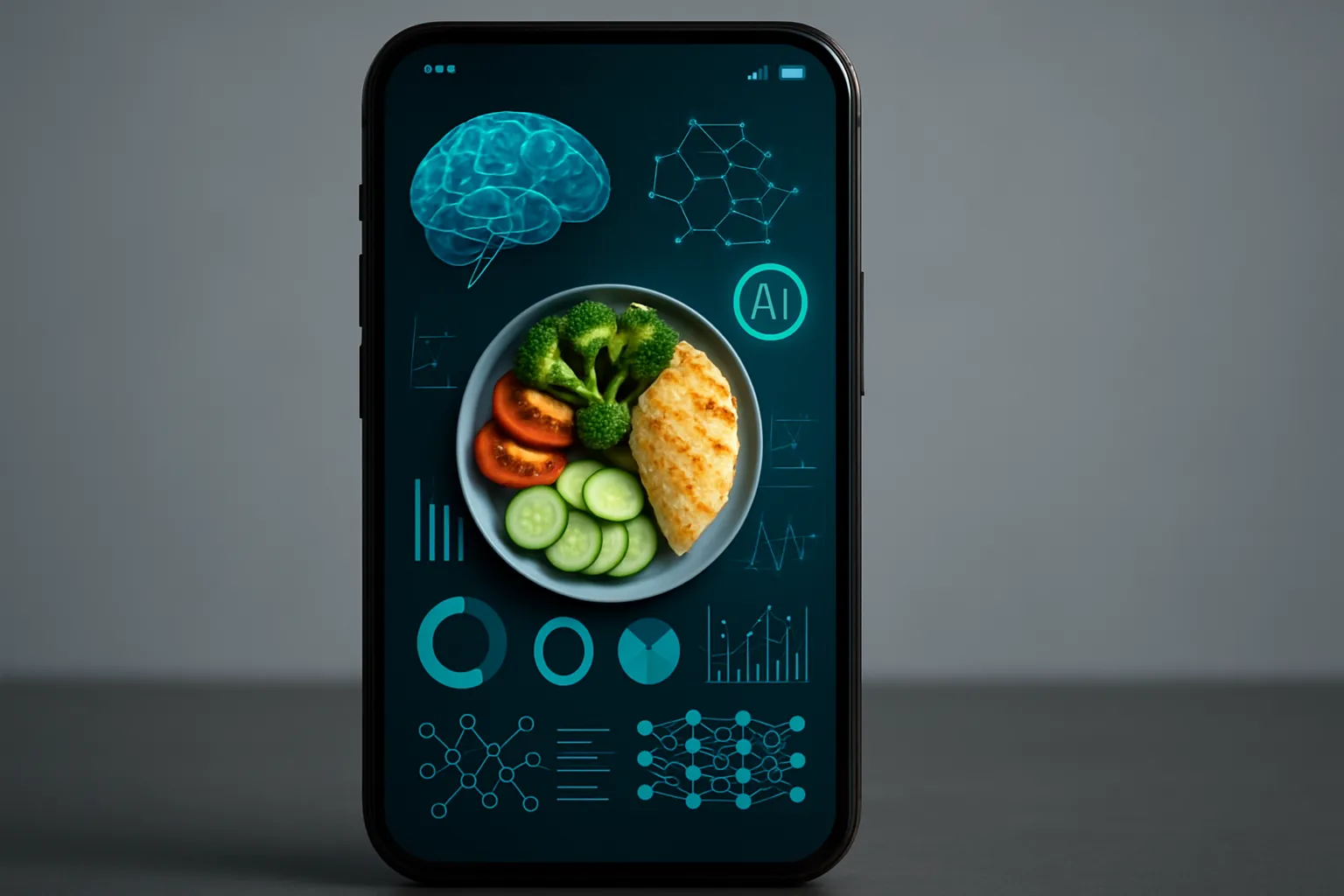 Interface de aplicativo de inteligência artificial para dietas personalizadas Smartphone moderno exibindo interface de app de IA para dieta personalizada com gráficos, dados nutricionais e algoritmos de emagrecimento