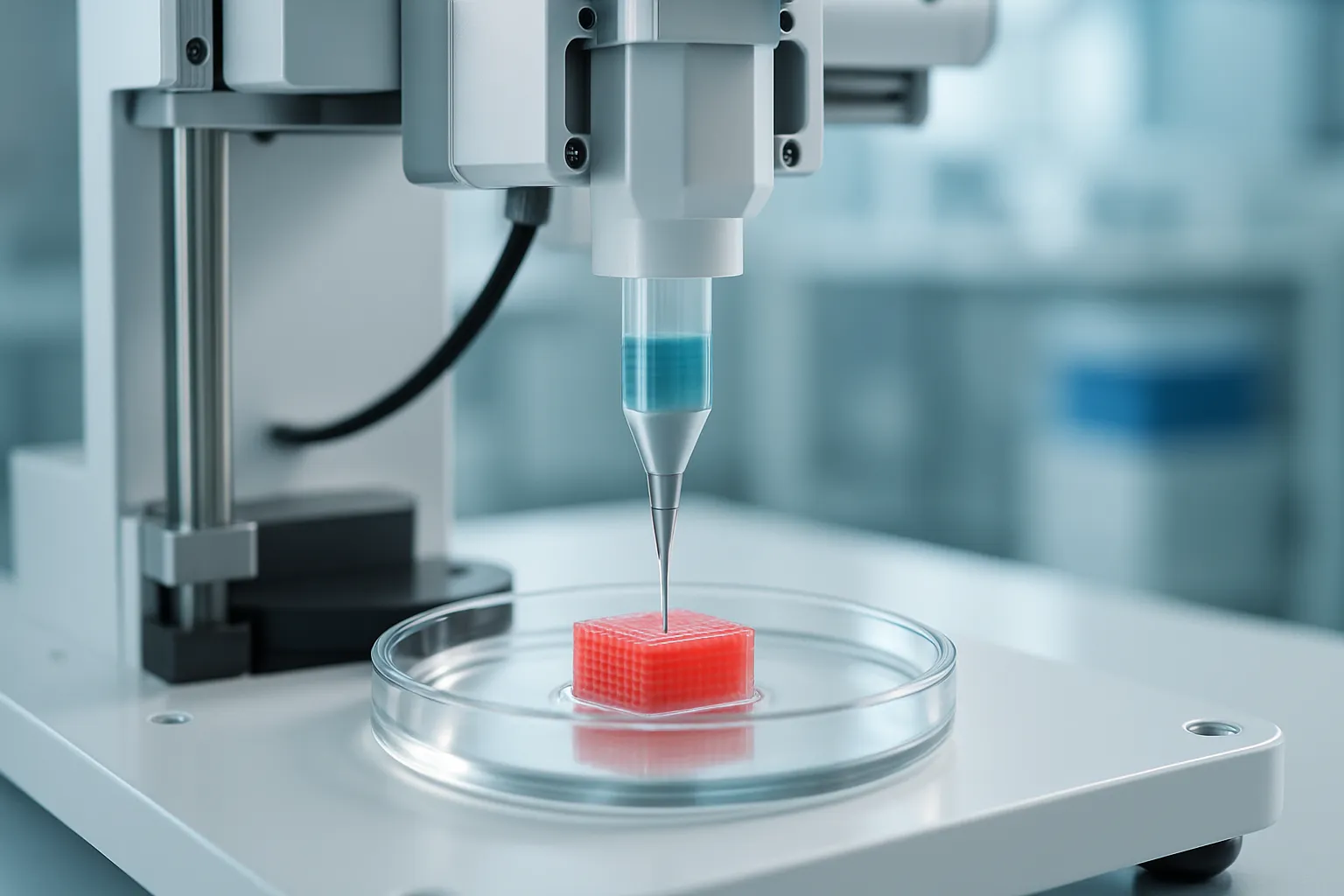 Bioimpressora 3D de alta precisão em ação, depositando biotinta para formar estrutura de tecido orgânico