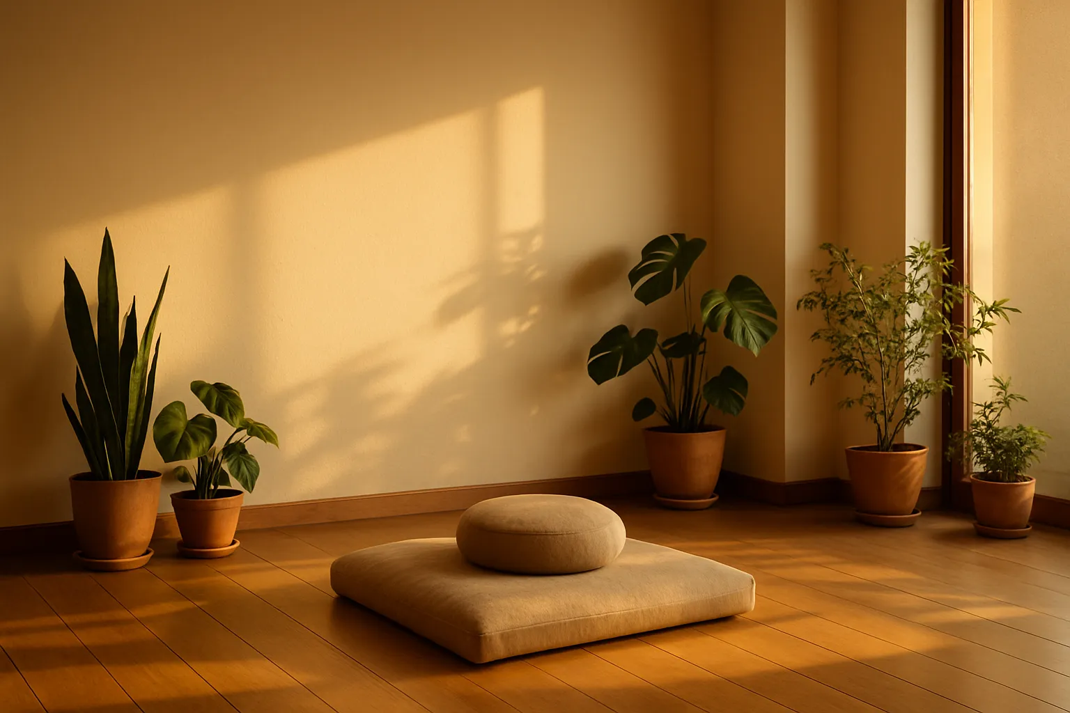 Cantinho de Meditação Tranquilo com Almofadas e Plantas Espaço sereno de meditação com almofadas e plantas para manejo do estresse na SOP